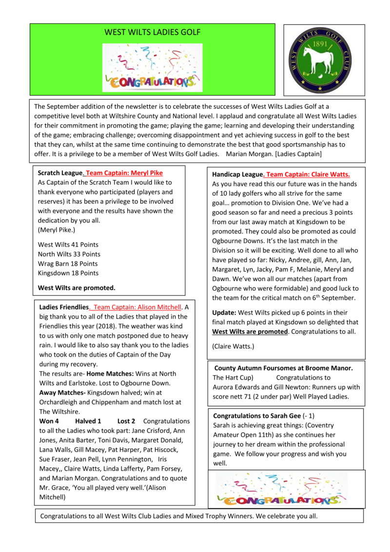Ladies Section - September Newsletter 
